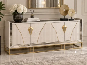 Como White Console Table Gold Accents, styled image, full view in an elegant living room setting