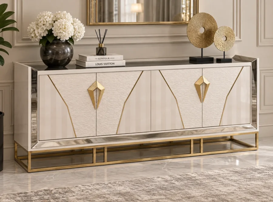 como-console-1 Como White Console Table Gold Accents, styled image, full view in an elegant living room setting