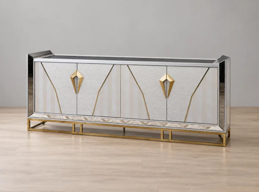 como-console-2 Como White Console Table Gold Accents, styled image, three-quarter studio view on a light oak floor