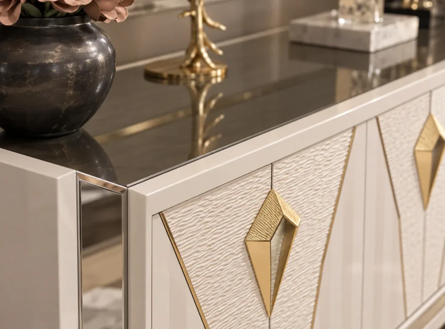 como-console-2-detail Como White Console Table Gold Accents, styled image, dark tabletop and gold diamond-shaped door pull close-up