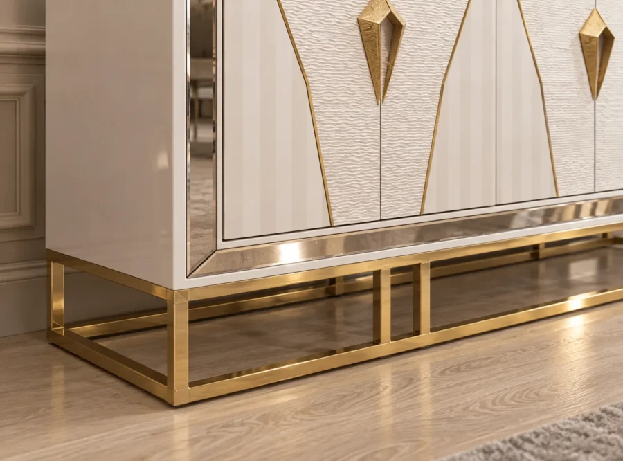 como-console-3 Como White Console Table Gold Accents, styled image, gold base and lower frame close-up