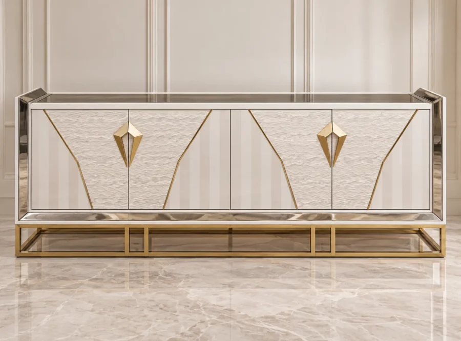 como-console-4 Como White Console Table Gold Accents, styled image, straight-on front view in a panelled interior