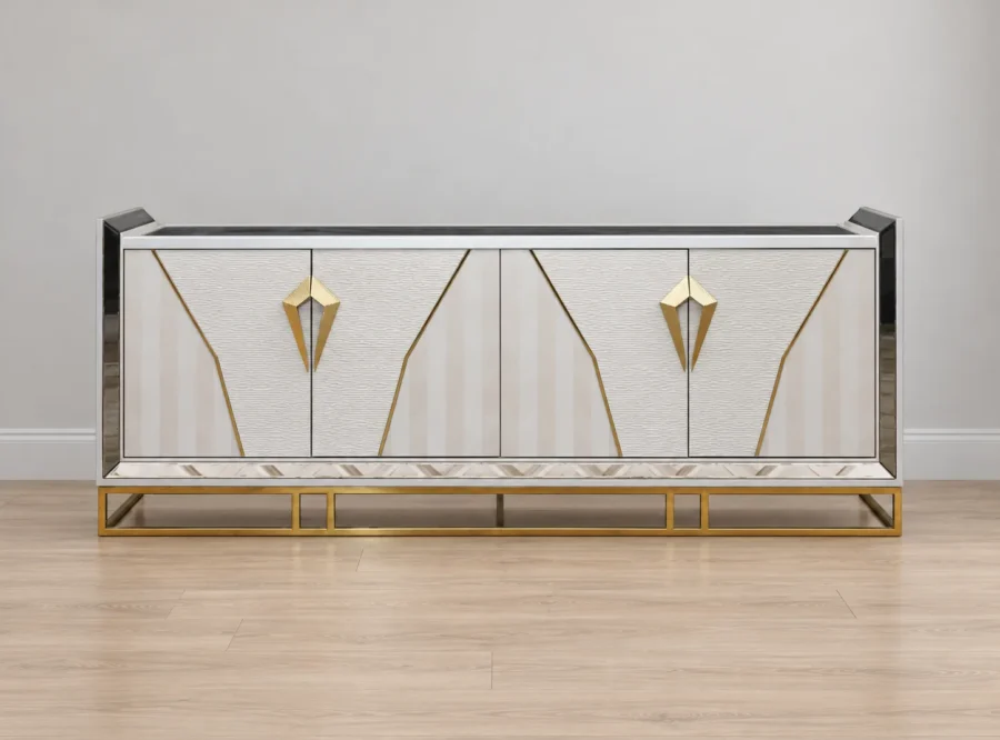 como-console-5 Como White Console Table Gold Accents, styled image, straight-on studio view on a light oak floor