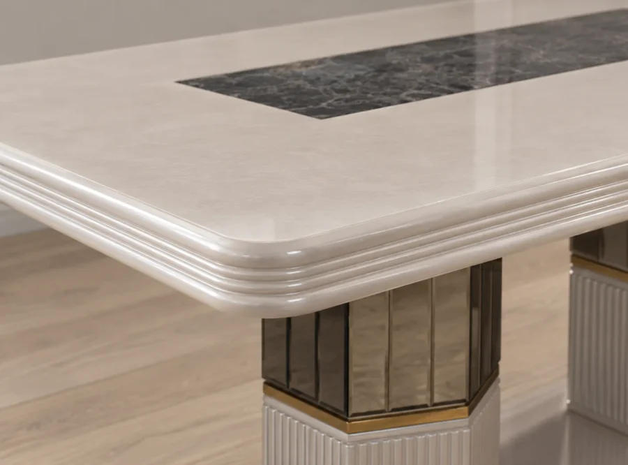 como-dining-table-2 Como Rectangular Dining Table Pedestal Base, close-up of layered tabletop edge