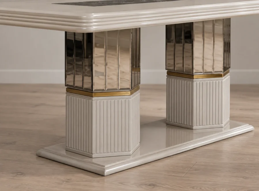 como-dining-table-3 Como Rectangular Dining Table Pedestal Base, mirrored pedestal and brass trim detail