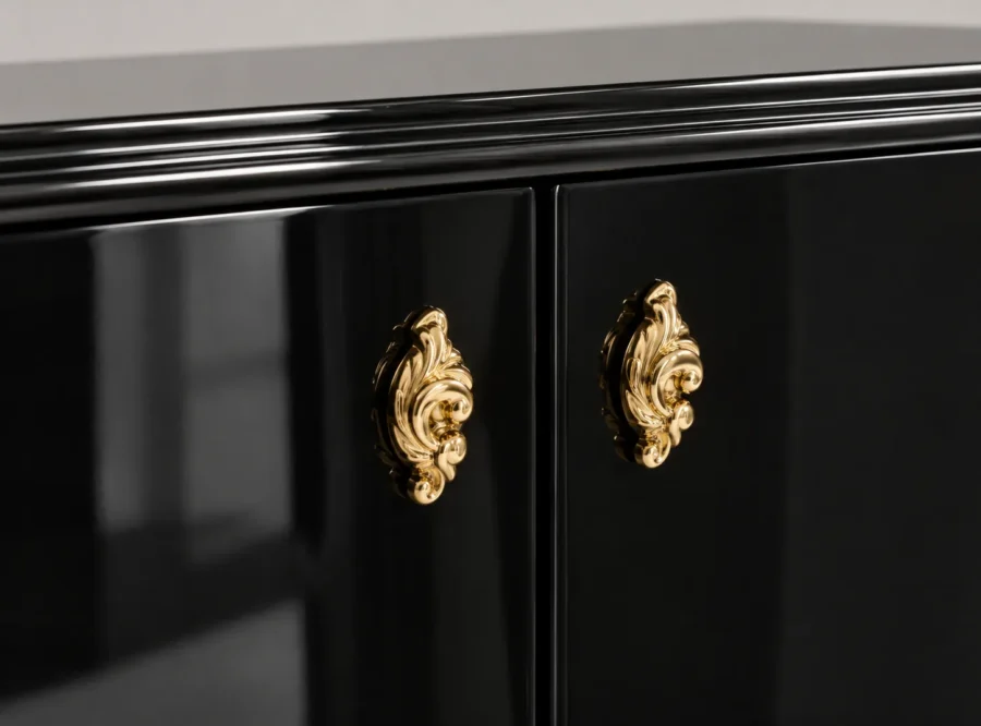 Monaco Black Dresser with Gold Accents Monaco Black Dresser with Gold Accents, close-up of decorative gold handles