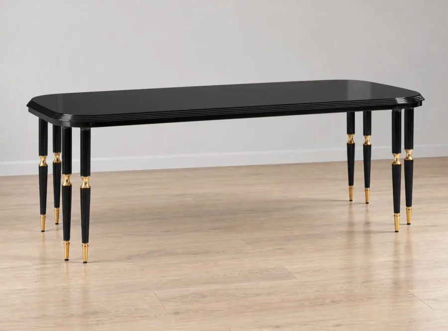monaco-black-dining-table-2 Monaco Black Dining Table with Gold Accents, styled image, three-quarter view