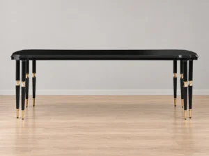 Monaco Black Dining Table with Gold Accents, styled image, straight-on side view