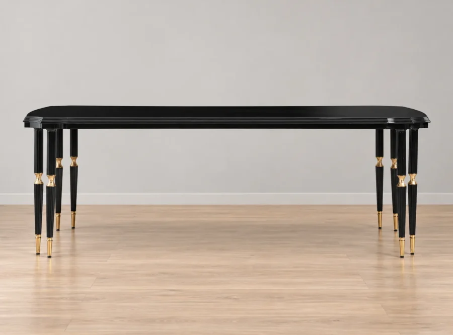 monaco-black-dining-table-5 Monaco Black Dining Table with Gold Accents, styled image, straight-on side view