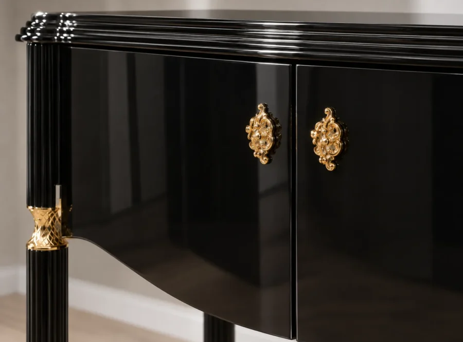 monaco-black-dresser-3 Monaco Black Dresser with Gold Accents, curved doors and ornate gold detailing