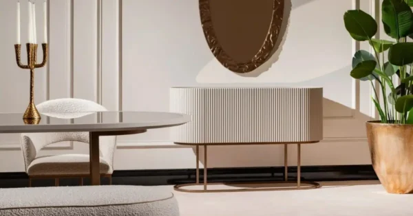 Lyon Ribbed Cream Dresser Antique Gold Base Lyon Ribbed Cream Dresser Antique Gold Base