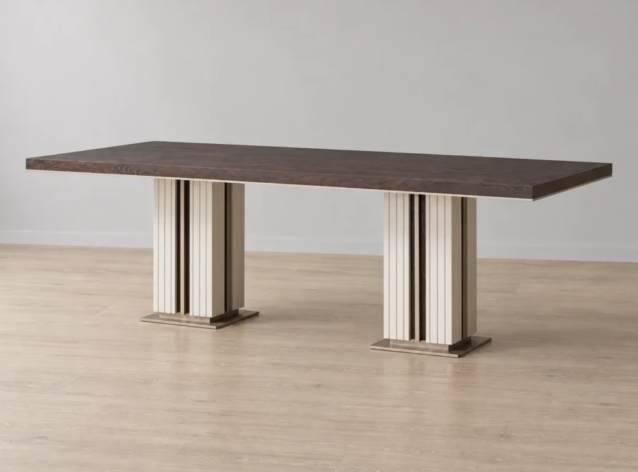 galanta-table-2 Galante Cream & Brown Dining Table, styled three-quarter studio view