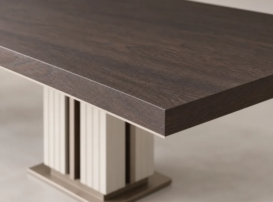 galanta-table-3 Galante Cream & Brown Dining Table, close-up of the dark brown tabletop and edge