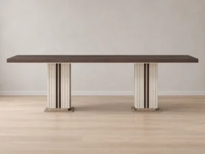 Galante Cream & Brown Dining Table, full straight-on side view