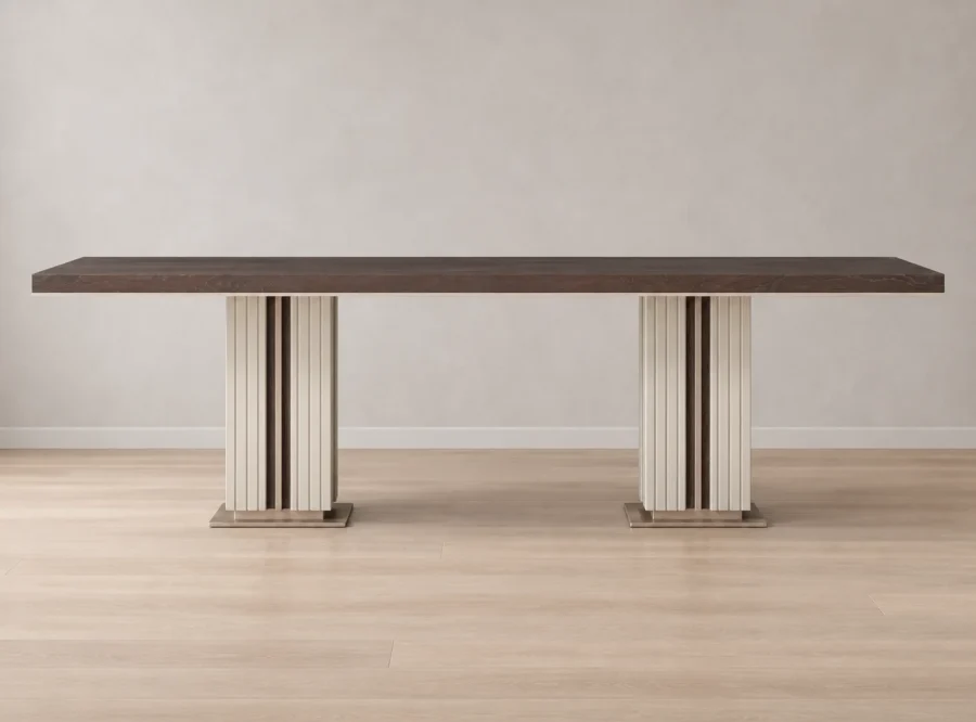 galanta-table-5 Galante Cream & Brown Dining Table, full straight-on side view