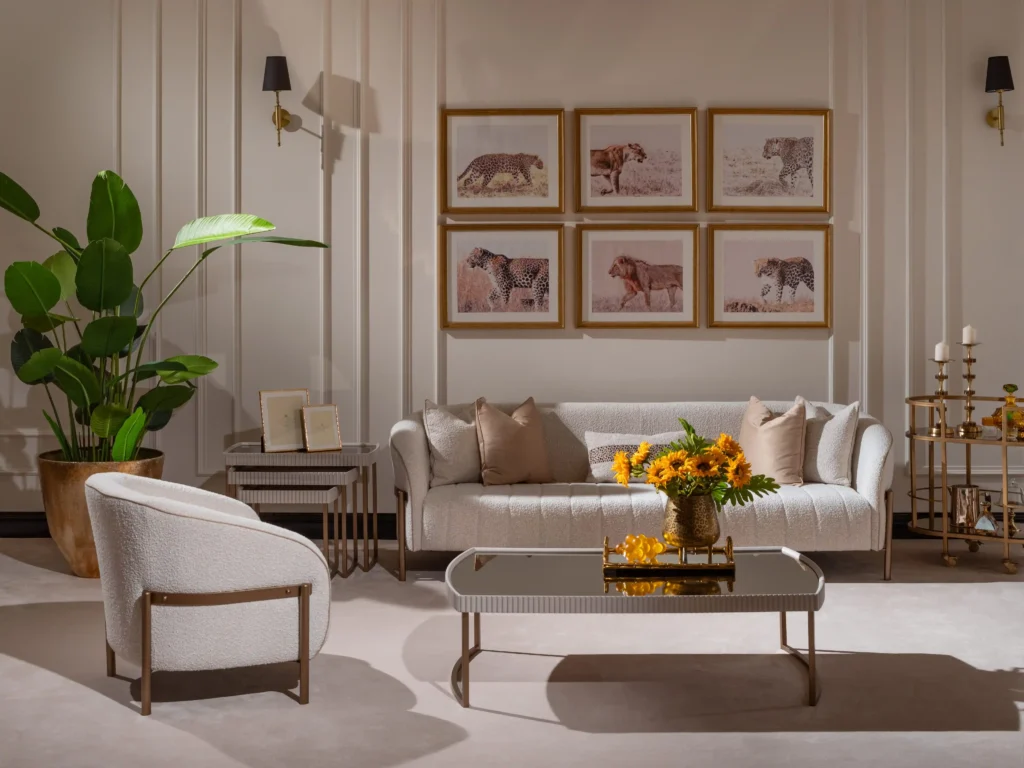 Lyon Cream Living Room Set Gold Frame - Mandiinteriors