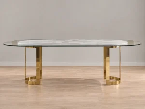 Parma Gold Dining Table Glass Top, straight-on side view with curved gold bases