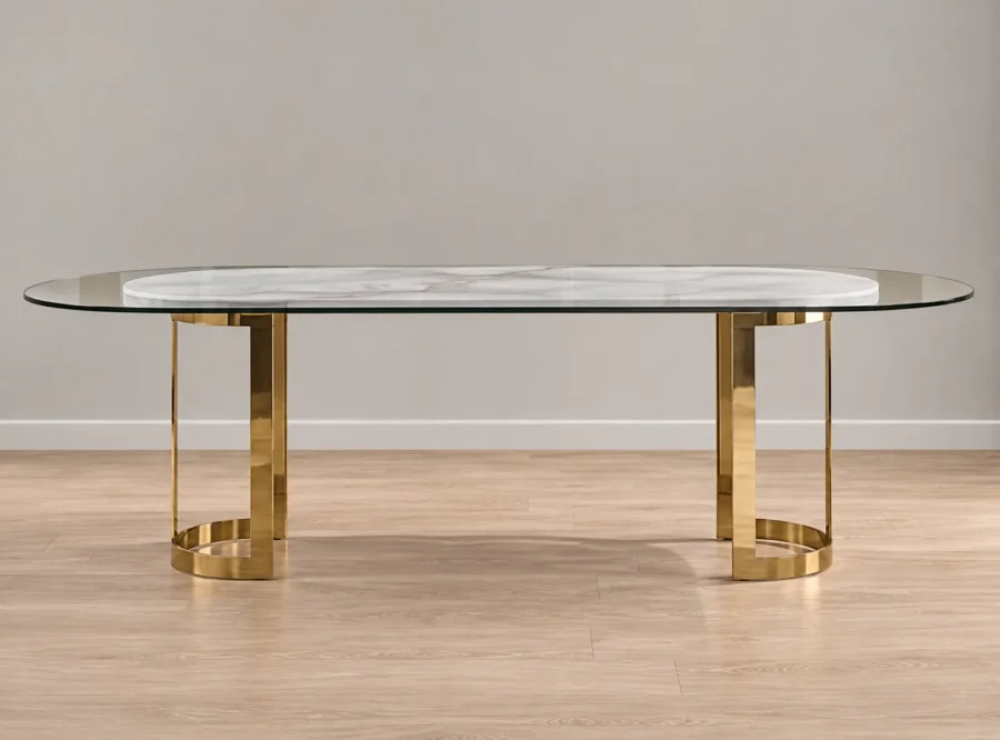 parma-table-4 Parma Gold Dining Table Glass Top, straight-on side view with curved gold bases