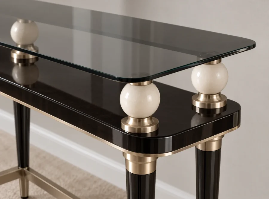 senate-dressage-3 Senato Black Dresser Glass Top Gold Accent, glass top and champagne-gold corner detail