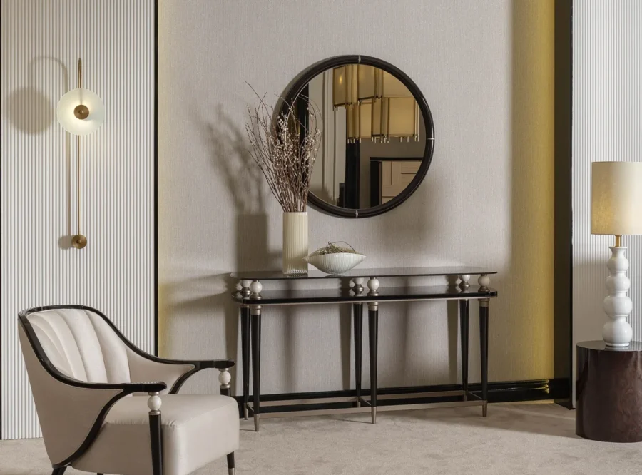 senate-dressage-5 Senato Black Dresser Glass Top Gold Accent, styled beneath a round mirror
