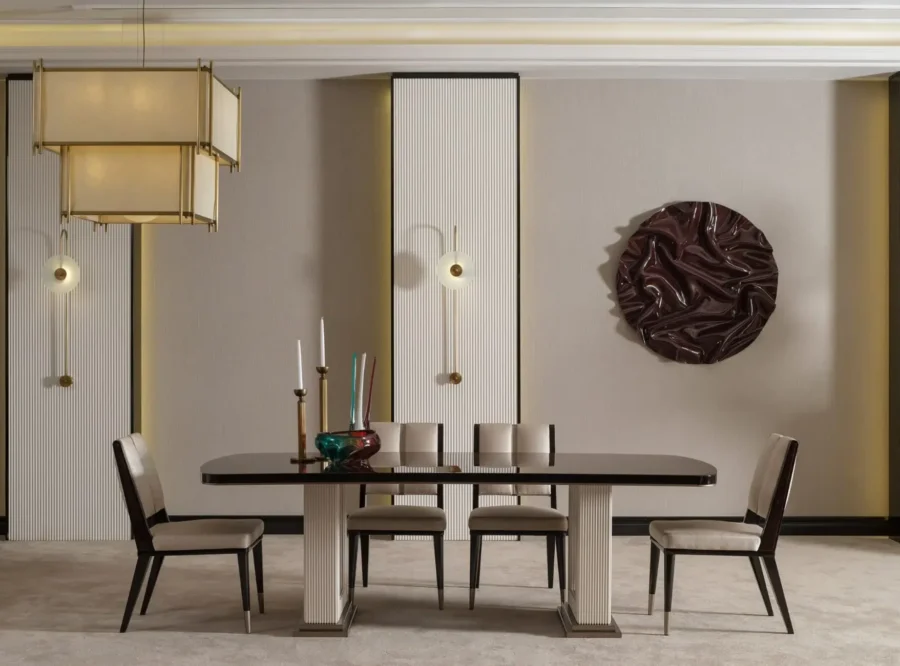 senato-dining-table-1 Senato Table Black Top Fluted Pedestal Base, styled image, straight-on dining room view