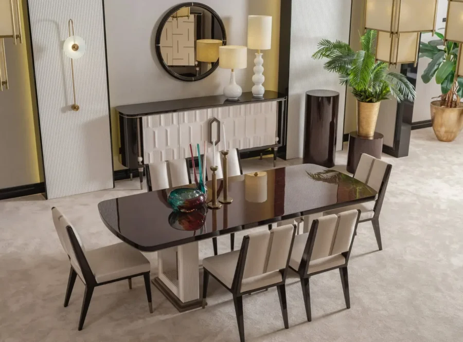 senato-dining-table-2 Senato Table Black Top Fluted Pedestal Base, styled image, high-angle three-quarter view