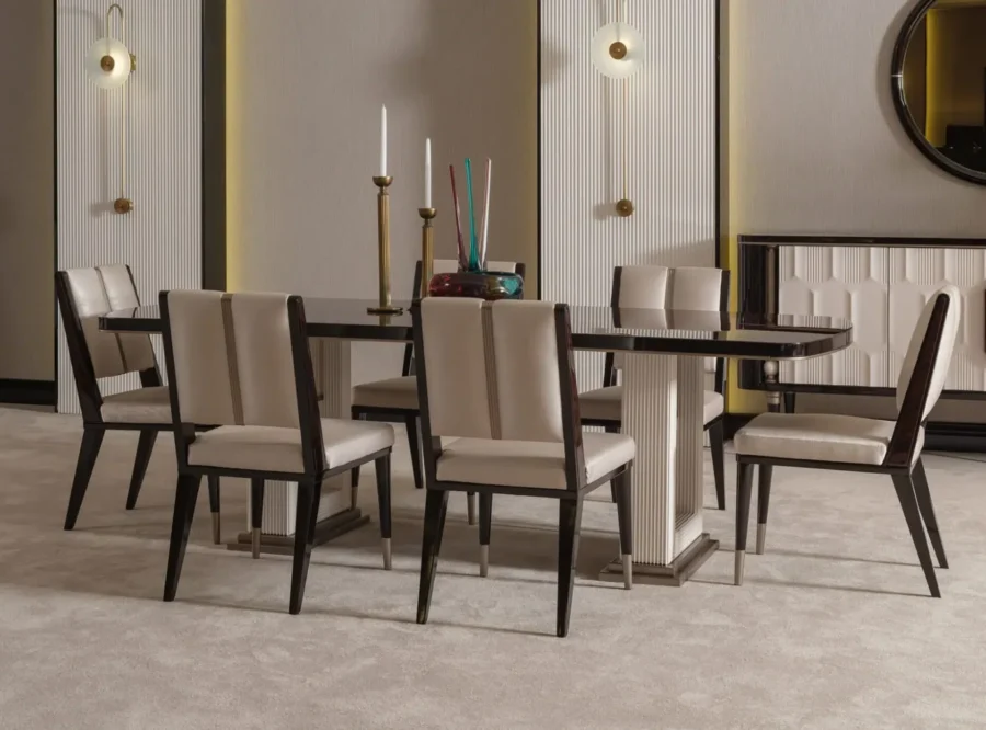 senato-dining-table-3 Senato Table Black Top Fluted Pedestal Base, styled image, front three-quarter view with dining chairs