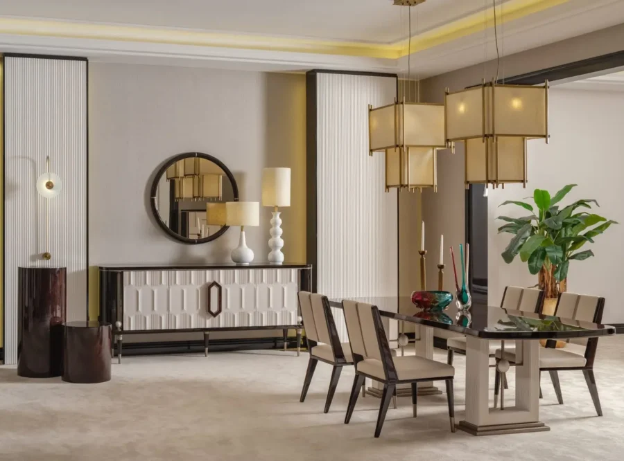 senato-dining-table-4 Senato Table Black Top Fluted Pedestal Base, styled image, wide dining room view