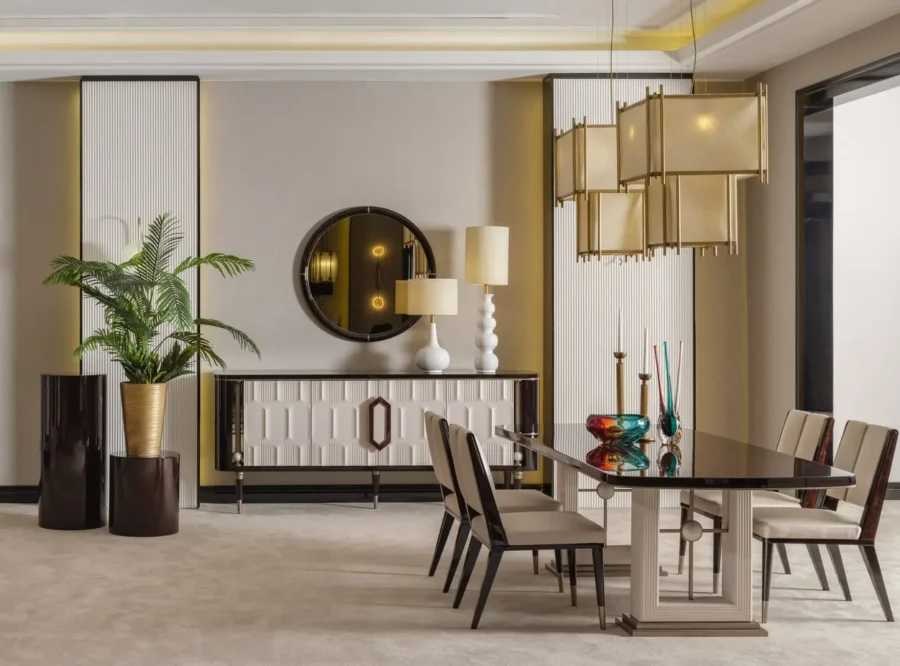 senato-dining-table-5 Senato Table Black Top Fluted Pedestal Base, styled image, right-side room view