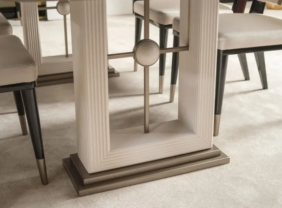 senato-dining-table-6 Senato Table Black Top Fluted Pedestal Base, styled image, fluted pedestal and metal base close-up