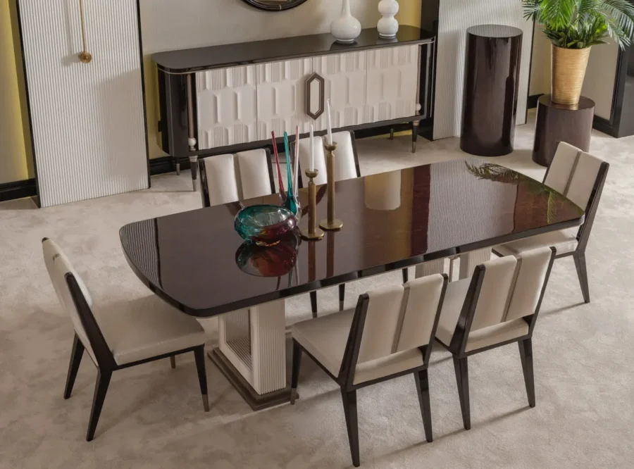 senato-dining-table Senato Table Black Top Fluted Pedestal Base, styled image, high-angle black tabletop view
