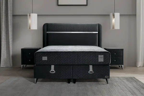 modern bedroom interior black theme Hypnos ottoman bed