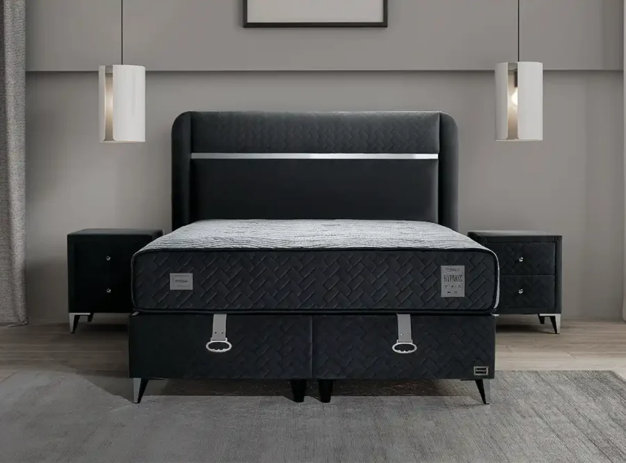 modern bedroom interior black theme Hypnos ottoman bed