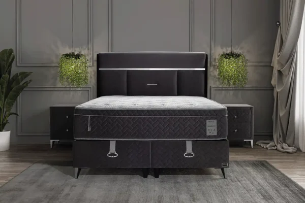 modern bedroom interior with bed and decor Silverline ottoman