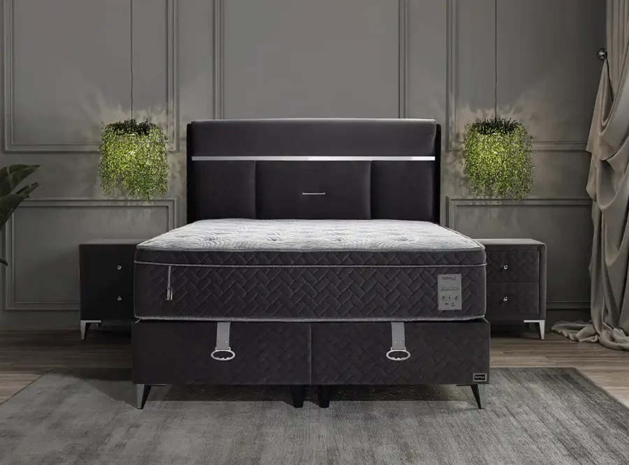 modern bedroom interior with bed and decor Silverline ottoman