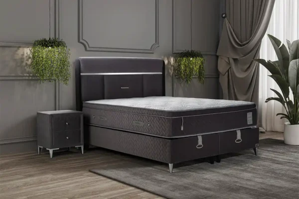 modern bedroom with bed and nightstand Silverline ottoman