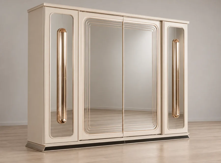 asos-wardrobe-3 Asos 4-Door Wardrobe Sliding Mirror Panels, styled image, three-quarter front-left view