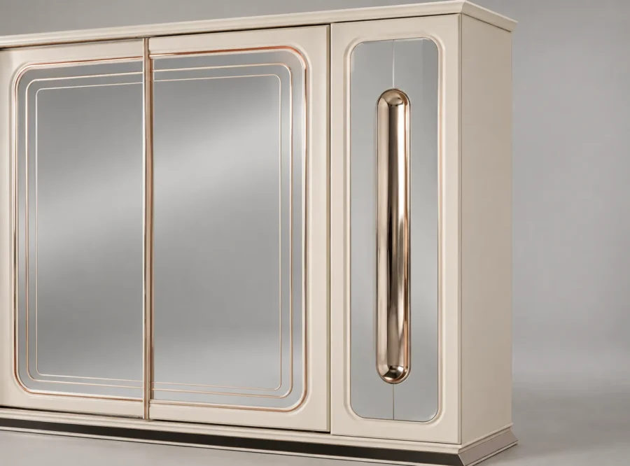 asos-wardrobe-4 Asos 4-Door Wardrobe Sliding Mirror Panels, styled image, mirrored side door and rose-gold handle close-up