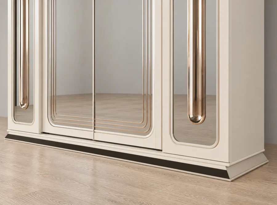 asos-wardrobe-5 Asos 4-Door Wardrobe Sliding Mirror Panels, styled image, lower mirrored doors and plinth close-up