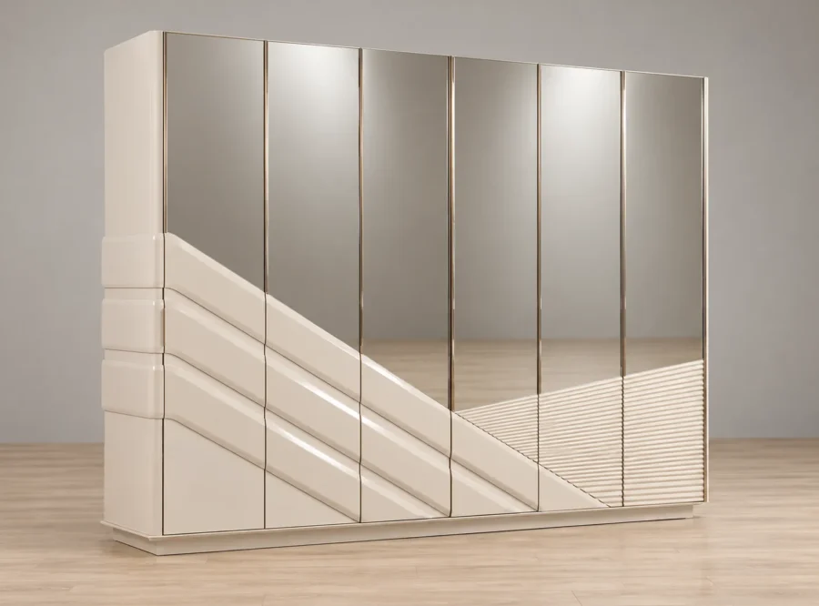 delux-wardrobe-3 Deluxe 6-Door Wardrobe with Mirror, styled image, three-quarter front-left view