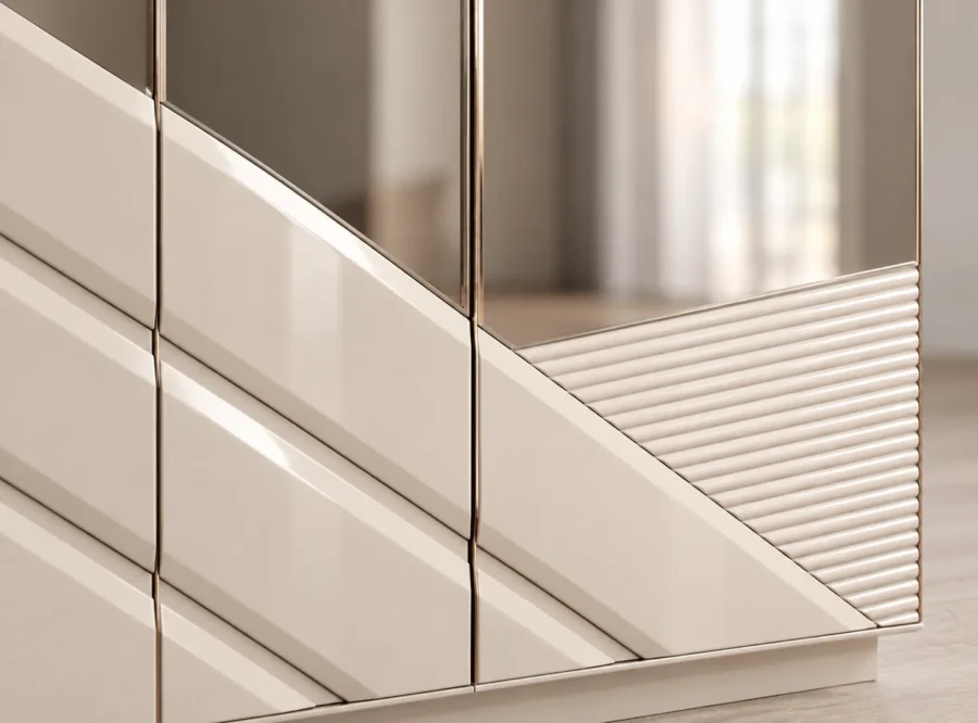 delux-wardrobe-4 Deluxe 6-Door Wardrobe with Mirror, styled image, mirrored doors and ribbed panel close-up