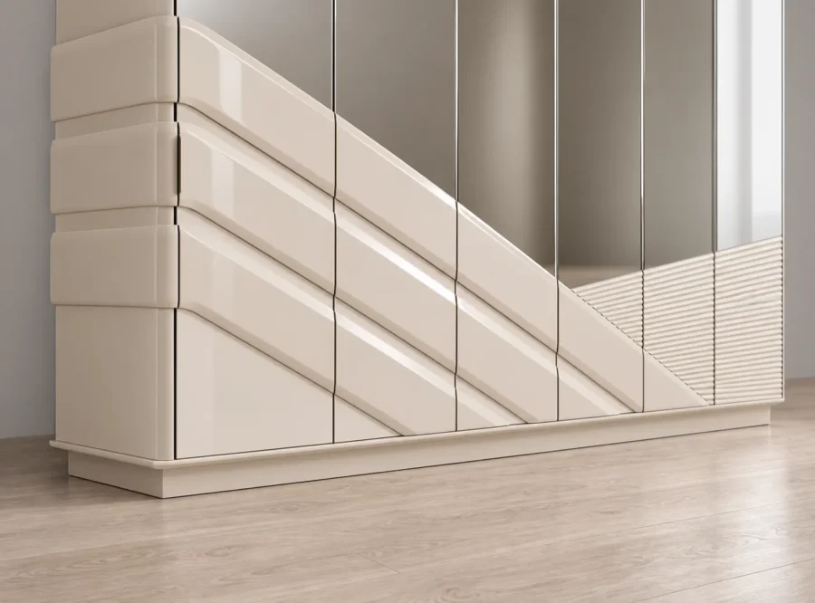 delux-wardrobe-5 Deluxe 6-Door Wardrobe with Mirror, styled image, lower front panels and plinth close-up