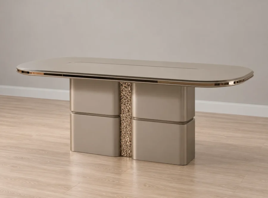 pera-dining-table-1 Pera Dining Table in Metallic River Sand, three-quarter styled view