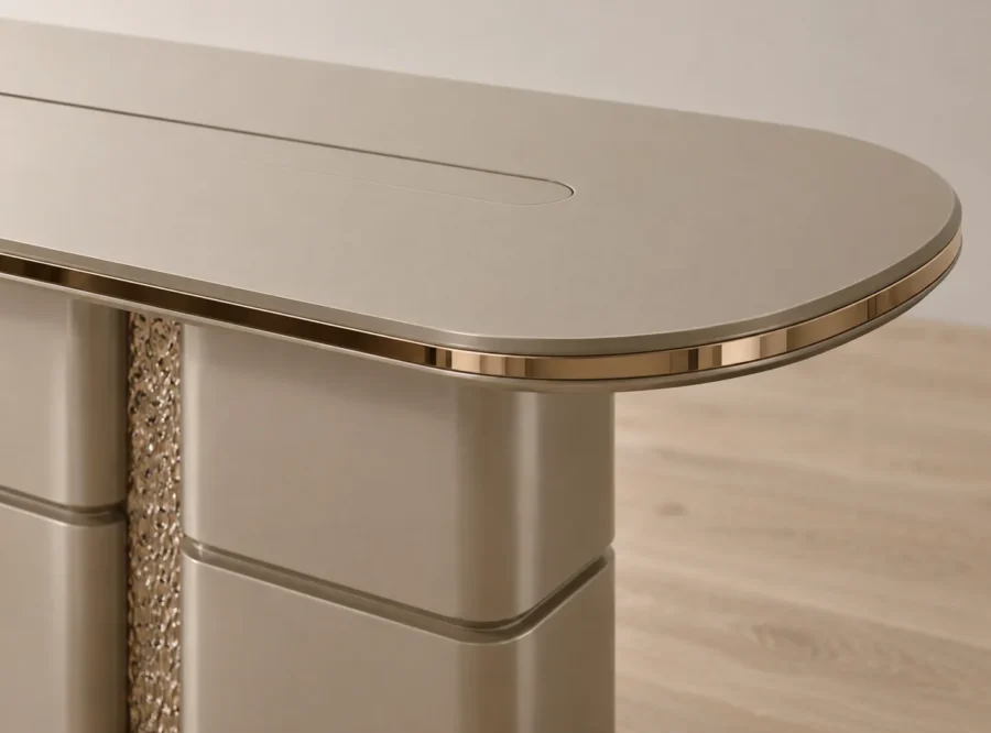pera-dining-table-2 Pera Dining Table in Metallic River Sand, tabletop edge and metallic trim close-up