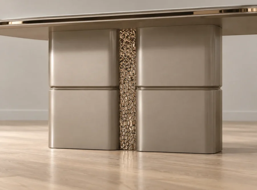 pera-dining-table-3 Pera Dining Table in Metallic River Sand, pedestal base and textured gold detail