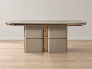 Pera Dining Table in Metallic River Sand, straight-on side view