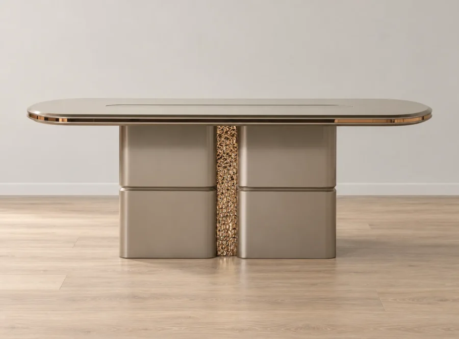 pera-dining-table-4 Pera Dining Table in Metallic River Sand, straight-on side view