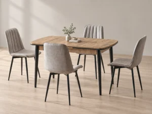 Berlin Atlantik dining set with scoop chairs, front three-quarter styled view