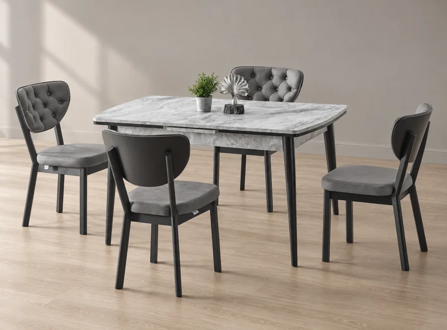 berlin-bermuda-siyah-dining-set-grey-chair-1 Berlin Bermuda Siyah dining set with grey chairs, front three-quarter styled view