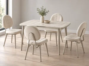 Berlin Traverten dining set, front three-quarter styled view